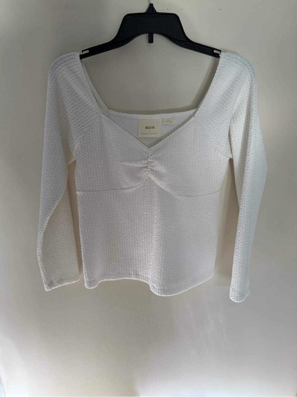 Maeve Anthropologie White Textured Ruched Bust Long Sleeve Top Small